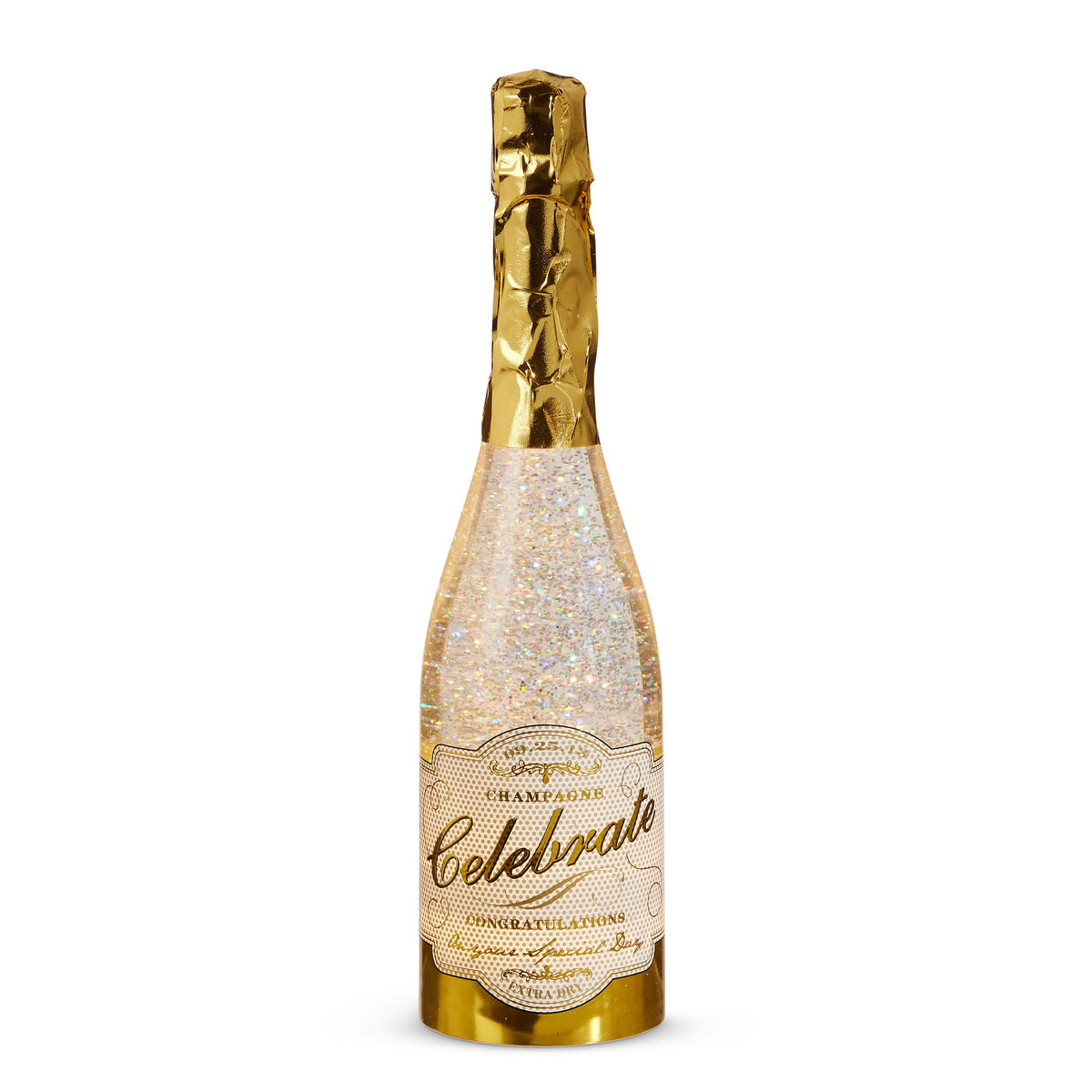 Celebrate Lighted Champagne Bottle with Swirling Glitter, A lighted champagne-shaped bottle filled with swirling silver glitter, with a gold neck, a gold base and a cream label reading Celebrate.