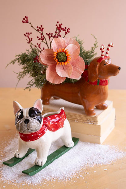Ceramic Christmas Dachshund Planter with a Candy Cane Headband, A glossy ceramic dachshund planter wearing a painted candy cane headband.