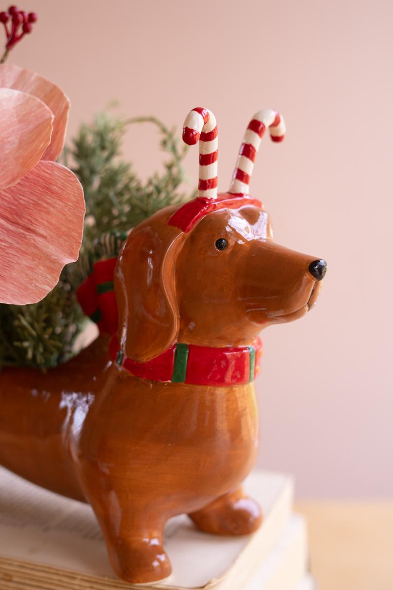 Ceramic Christmas Dachshund Planter with a Candy Cane Headband, A glossy ceramic dachshund planter wearing a painted candy cane headband.