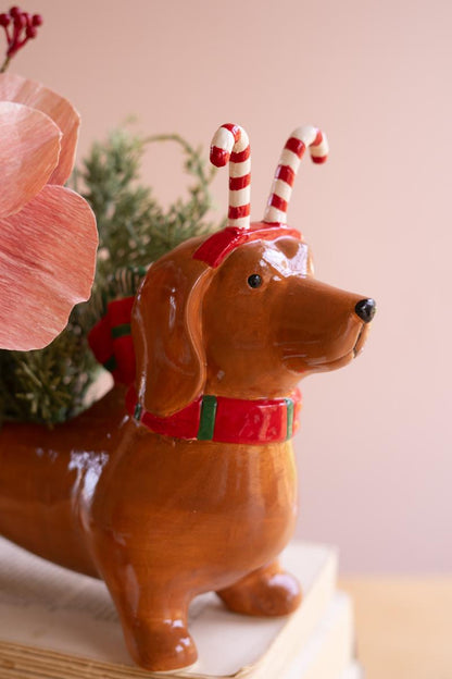 Ceramic Christmas Dachshund Planter with a Candy Cane Headband, A glossy ceramic dachshund planter wearing a painted candy cane headband.