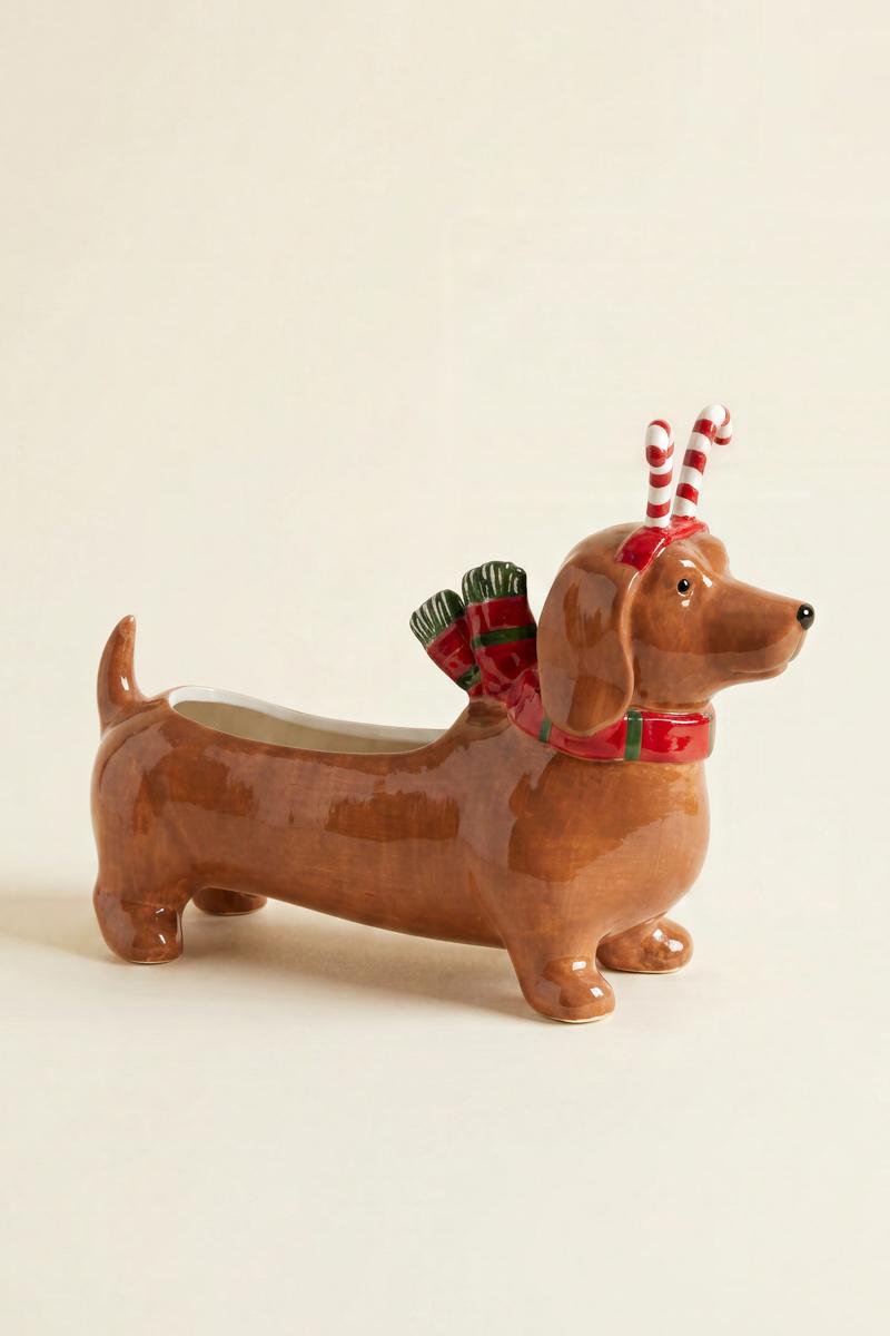 Ceramic Christmas Dachshund Planter with a Candy Cane Headband, A glossy ceramic dachshund planter wearing a painted candy cane headband.