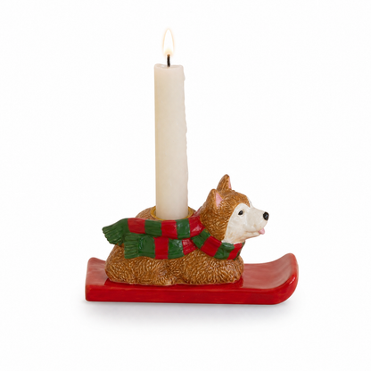 Ceramic Christmas Dog Taper Candle Holder, Corgi design: 6 x 2 x 3 inches tall