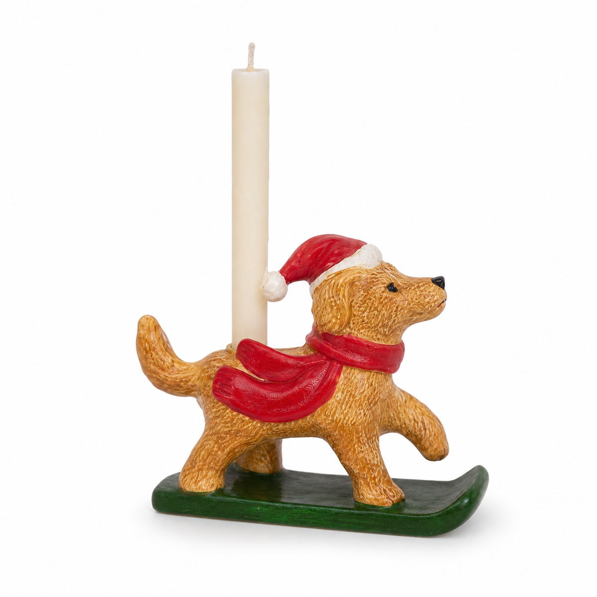 Ceramic Christmas Dog Taper Candle Holder, Golden design: 6.5 x 2 x 5 inches tall