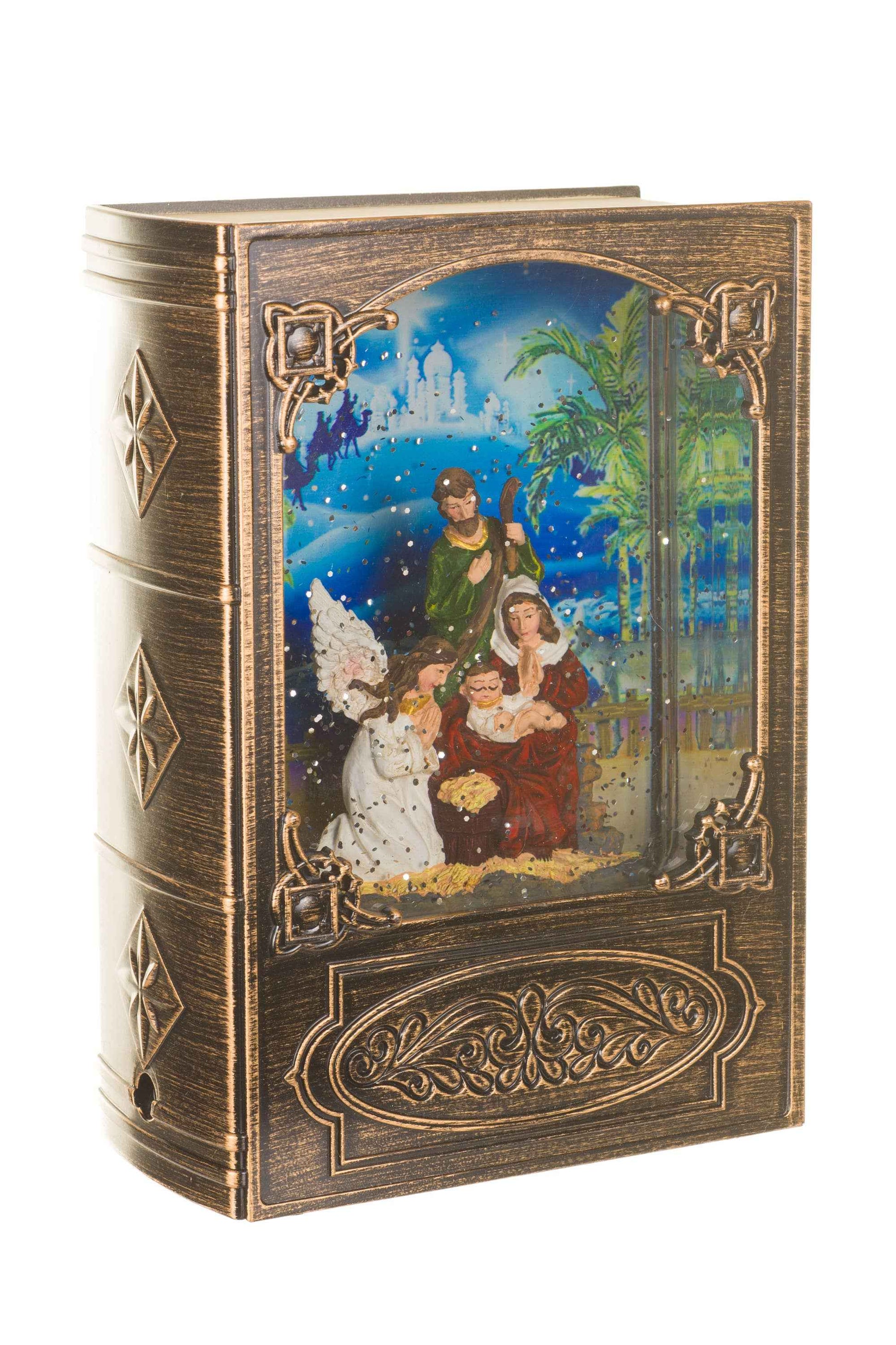 NEW-Brass Bookend Snow Globe with Nativity