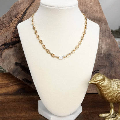 PennyLine inc - Short Anchor Chain Necklace with Emerald-Cut Crystal – Gold or Silver