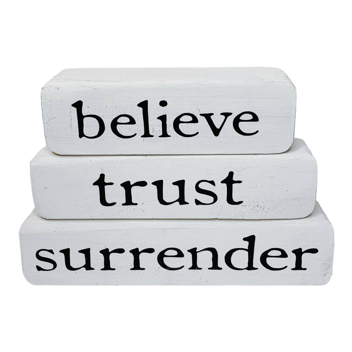 Believe Trust Surrender – Brown Stacked Blocks