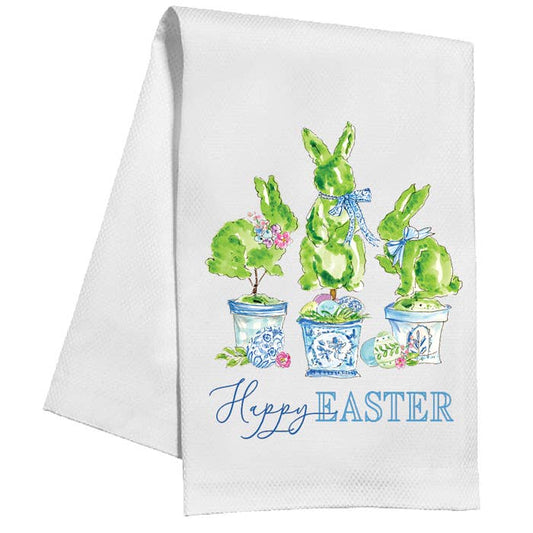 Happy Easter Bunny Topiaries In Blue Pots Kitchen Towel -RosanneBeck Collections