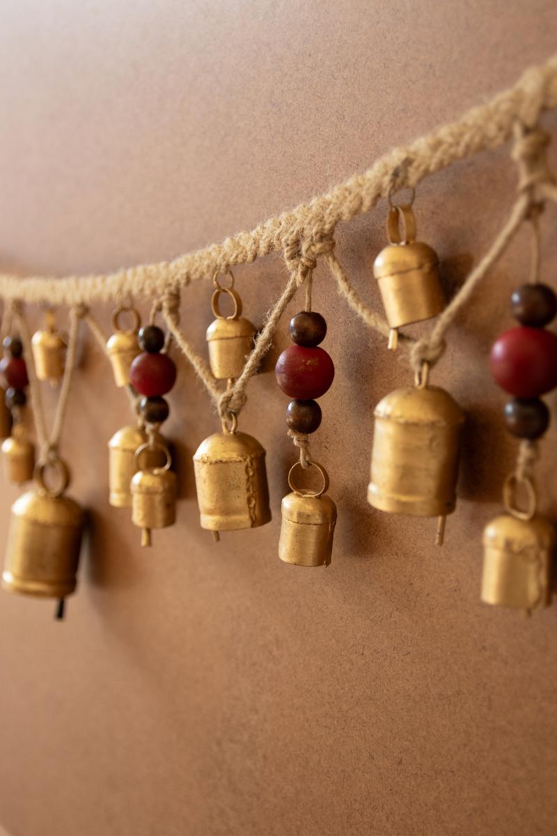 Christmas Bell Garland with Wood Beads, A garland of hanging metal bells strung with wood beads on jute cord.