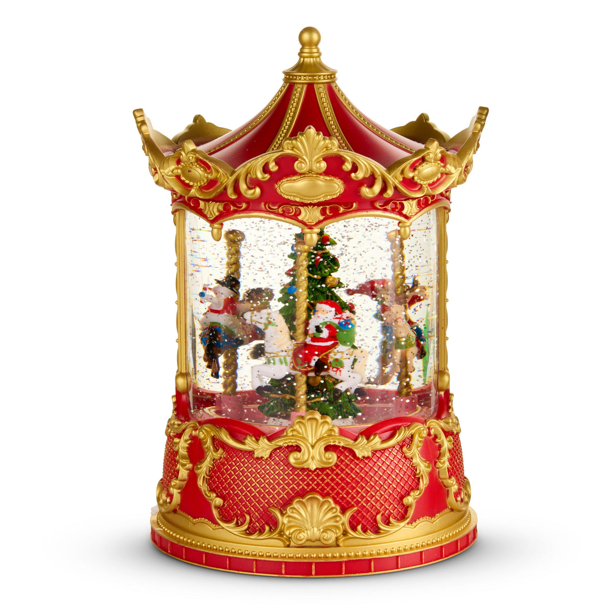 Christmas Carousel Animated Water Globe with Santa and Reindeer, A red and gold carousel-shaped water globe with a rotating base showing Santa, a reindeer, and carousel horses circling a lit Christmas tree amid swirling glitter.
