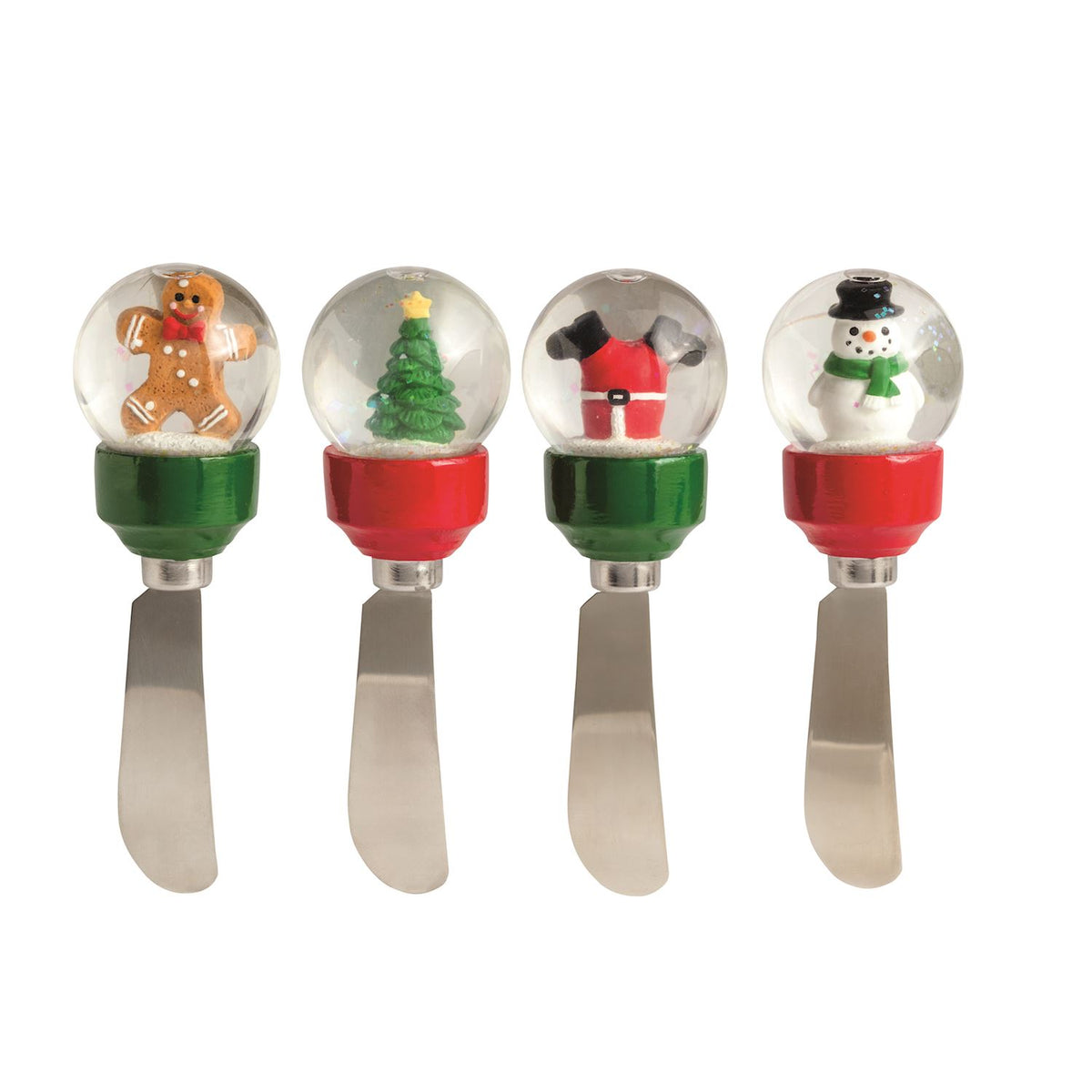 Christmas Snow Globe Cheese Spreader, Four stainless steel cheese spreaders with snow globe handles holding a gingerbread man, a Christmas tree, Santa and a snowman.