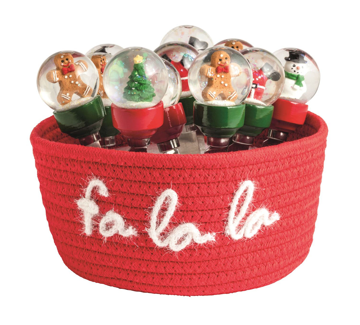 Christmas Snow Globe Cheese Spreader, Four stainless steel cheese spreaders with snow globe handles holding a gingerbread man, a Christmas tree, Santa and a snowman.