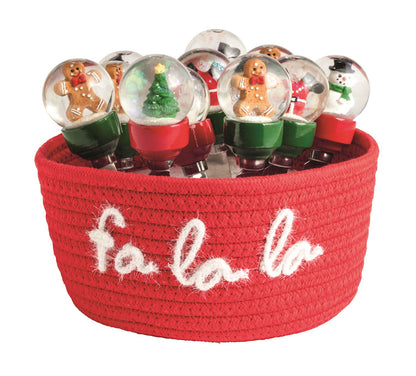 Christmas Snow Globe Cheese Spreader, Four stainless steel cheese spreaders with snow globe handles holding a gingerbread man, a Christmas tree, Santa and a snowman.
