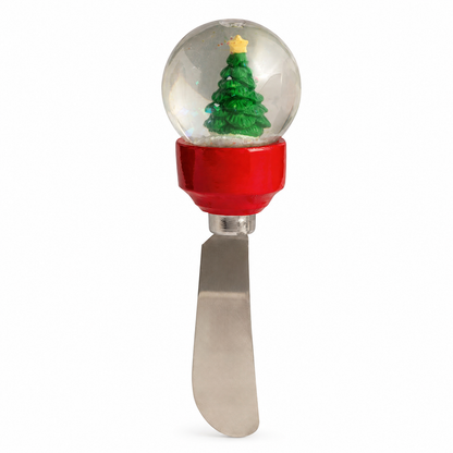 Christmas Snow Globe Cheese Spreader, Christmas Tree design: a gingerbread cookie on a green base, and a snowy tree on red