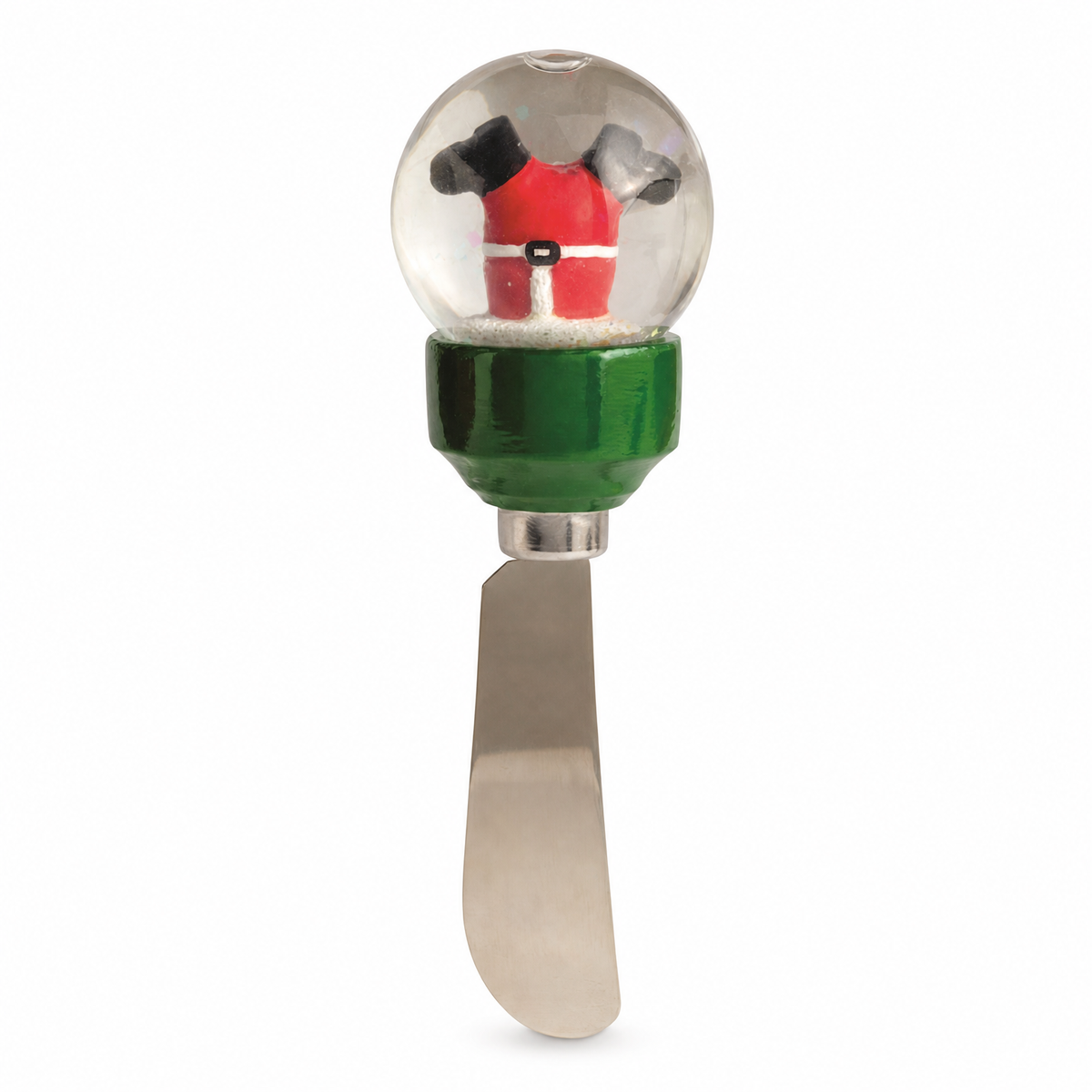 Christmas Snow Globe Cheese Spreader, Santa design: Santa headed down the chimney boots first on green, and a top-hatted snowman on red
