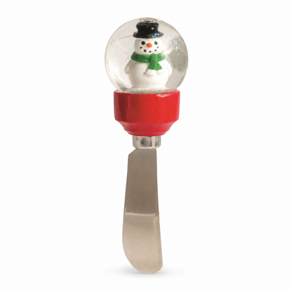 Christmas Snow Globe Cheese Spreader, Snowman design: Santa headed down the chimney boots first on green, and a top-hatted snowman on red