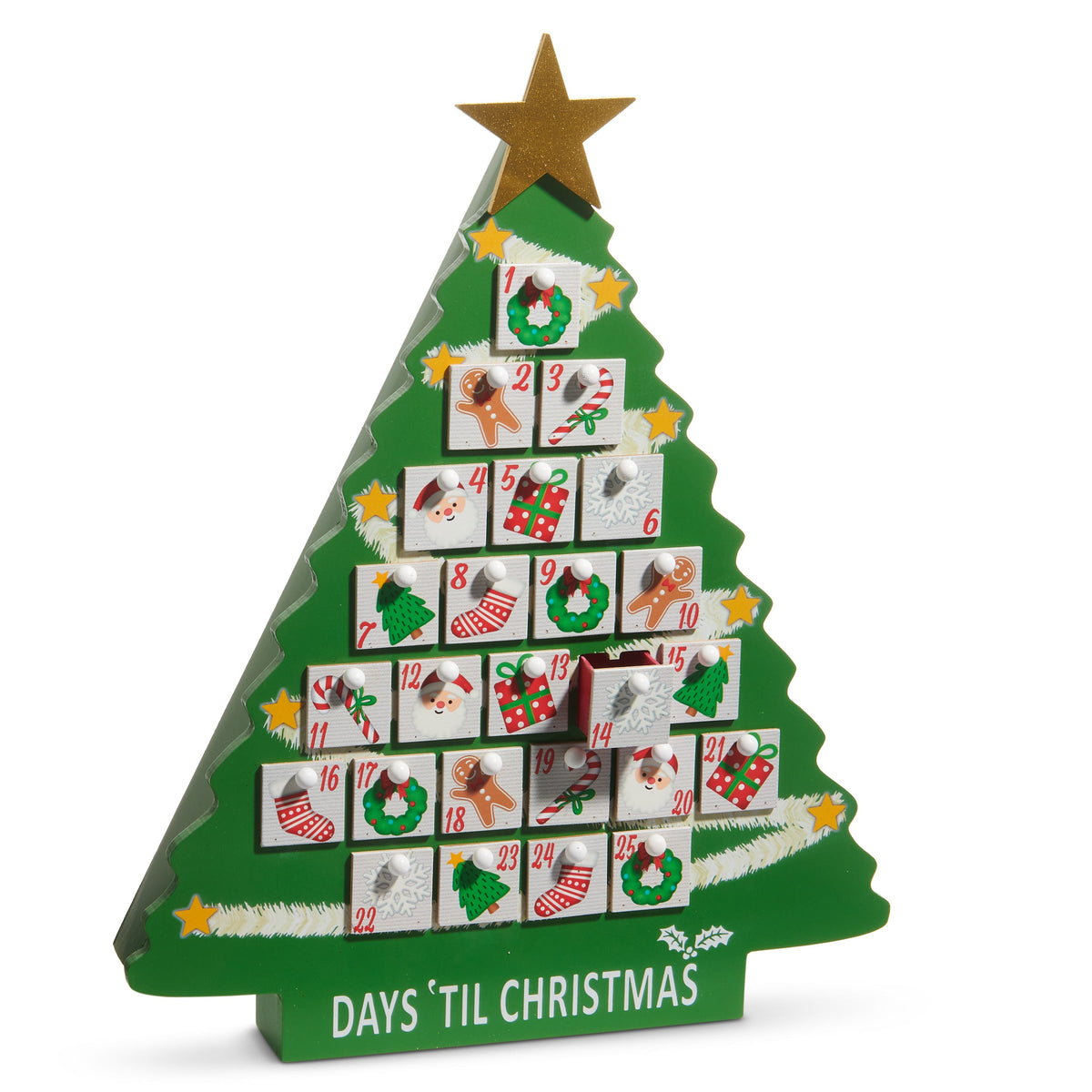 Christmas Tree Advent Calendar with Drawers, A green tree-shaped advent calendar with a gold glitter star on top, 25 numbered white drawers printed with holiday icons, one drawer pulled open, and Days 'Til Christmas printed on the base.