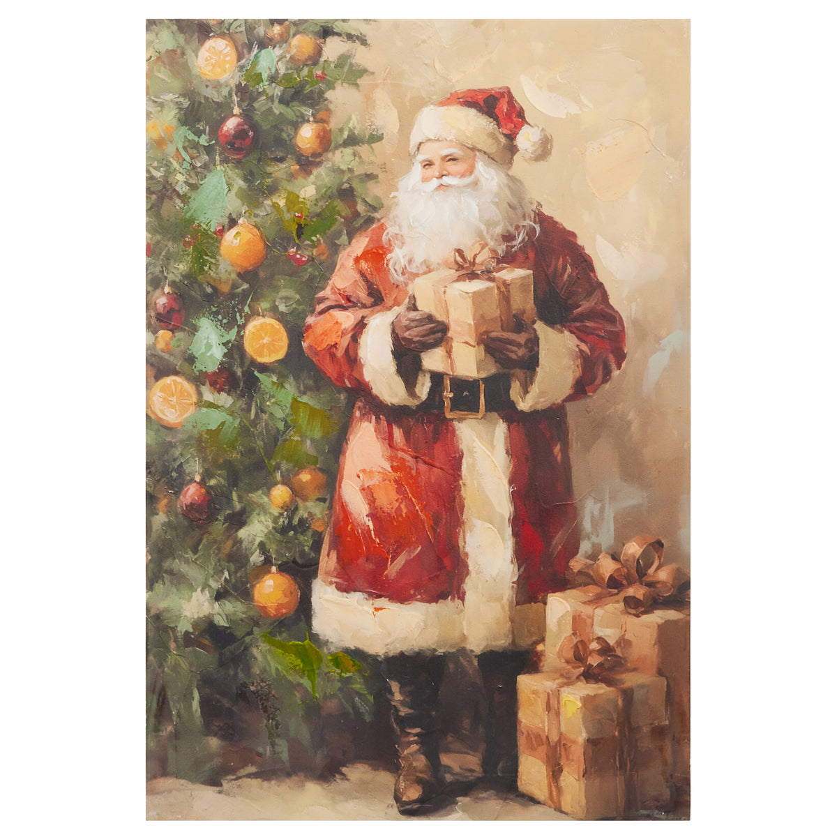 Classic Claus Santa Wood Wall Art, Wall art of a traditional Santa in a long red coat holding a wrapped gift beside a Christmas tree hung with orange slices and ornaments, with packages at his feet.