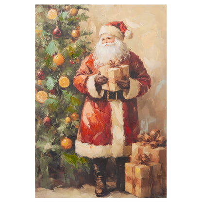 Classic Claus Santa Wood Wall Art, Wall art of a traditional Santa in a long red coat holding a wrapped gift beside a Christmas tree hung with orange slices and ornaments, with packages at his feet.
