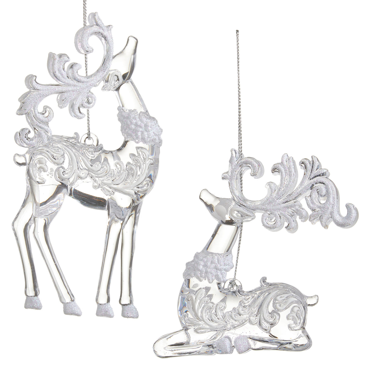 Clear and White Glitter Deer Ornament, Two clear deer ornaments with white glitter scrolled antlers, collars and hooves on silver cords, one standing and one lying down.