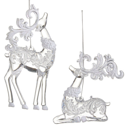 Clear and White Glitter Deer Ornament, Two clear deer ornaments with white glitter scrolled antlers, collars and hooves on silver cords, one standing and one lying down.