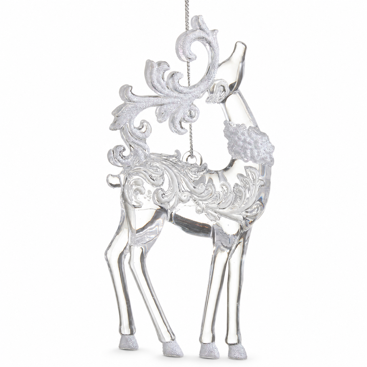 Clear and White Glitter Deer Ornament, Standing Deer design: 2.5 inches long, 1 inch wide and 5.5 inches high