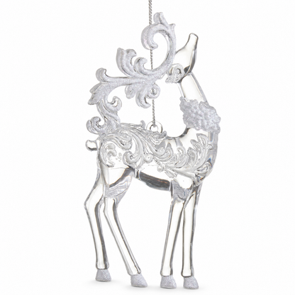 Clear and White Glitter Deer Ornament, Standing Deer design: 2.5 inches long, 1 inch wide and 5.5 inches high