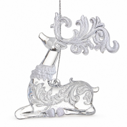 Clear and White Glitter Deer Ornament, Lying Deer design: 3.75 inches long, 1 inch wide and 3.5 inches high