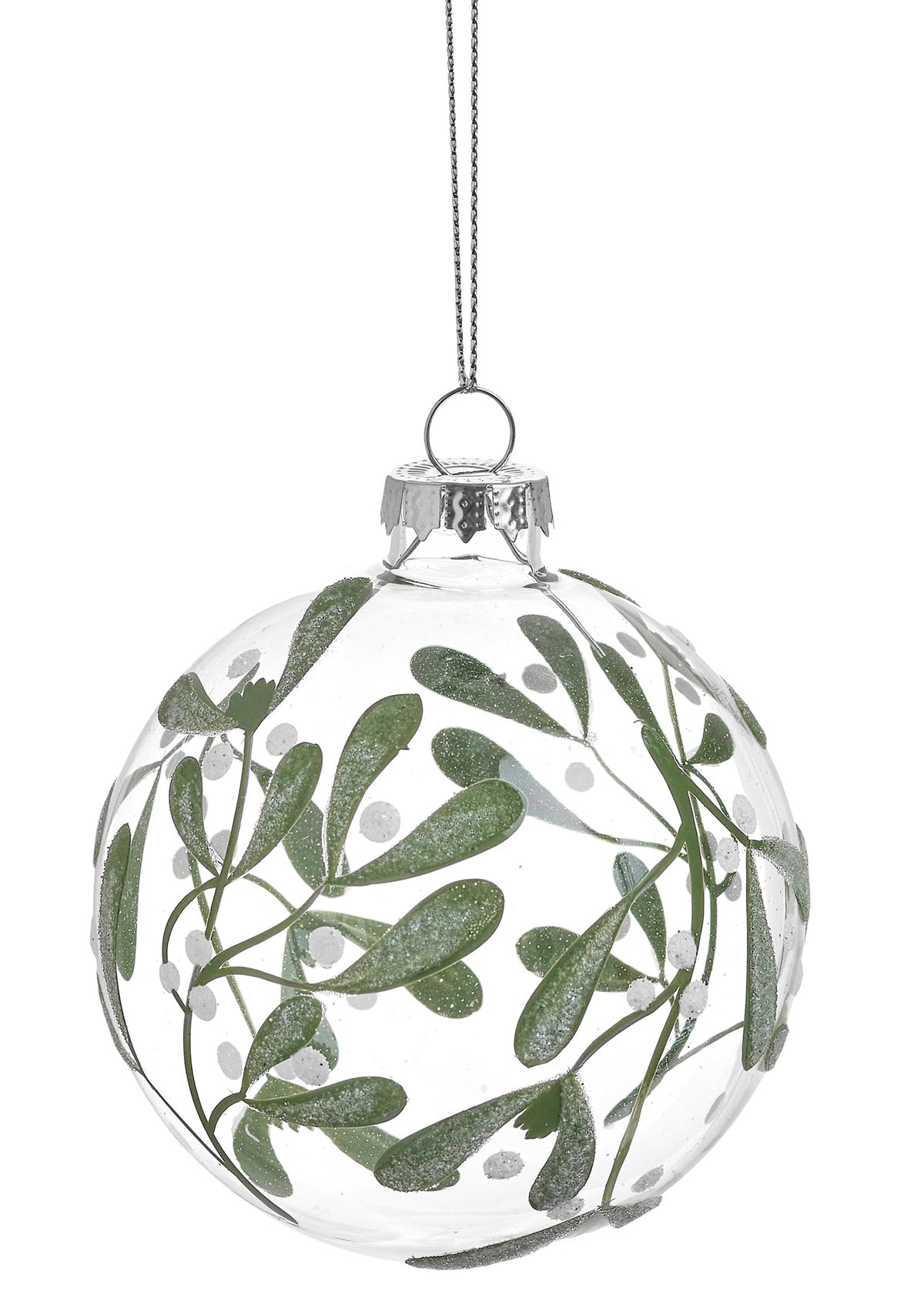Clear Glass Ornament with Painted Leaves, A clear glass ball ornament painted with green leaf sprigs, small white berries, and a silver cap.