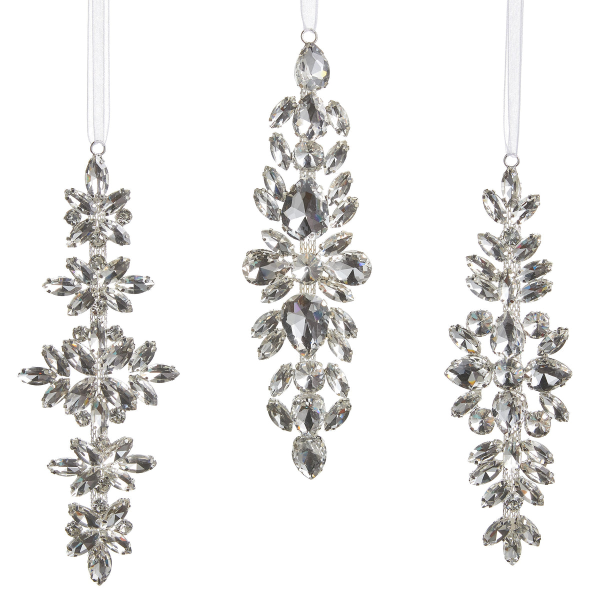 Clear Jewel Drop Ornament, Three clear faceted jewel drop ornaments in silver-tone settings on white ribbons, in starburst, teardrop and leaf spray designs.