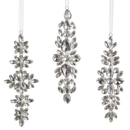 Clear Jewel Drop Ornament, Three clear faceted jewel drop ornaments in silver-tone settings on white ribbons, in starburst, teardrop and leaf spray designs.