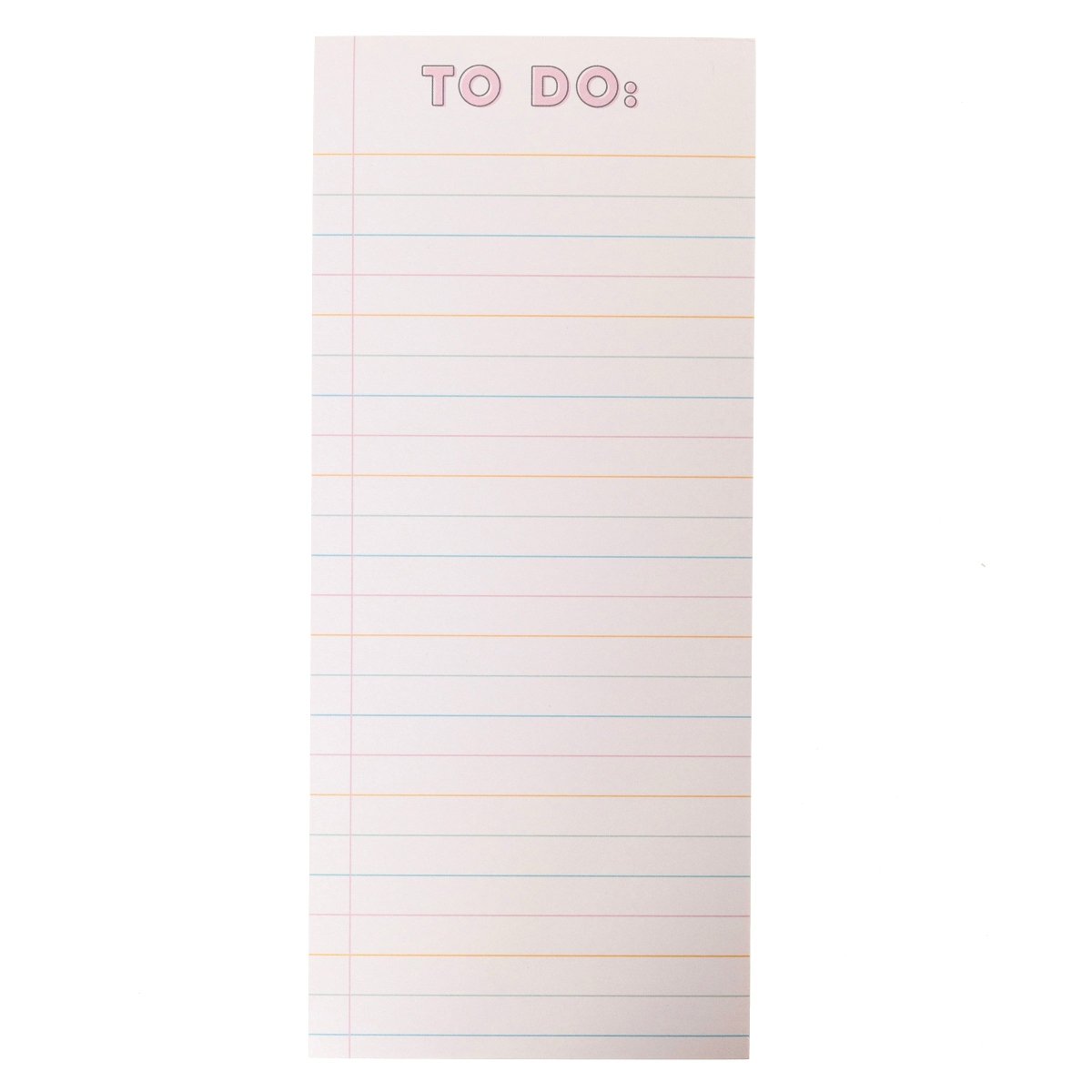 Colorful Cream Magnetic Notepad, A cream magnetic notepad with a pink TO DO: header and ruled lines in pink, orange and blue.