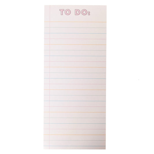 Colorful Cream Magnetic Notepad, A cream magnetic notepad with a pink TO DO: header and ruled lines in pink, orange and blue.