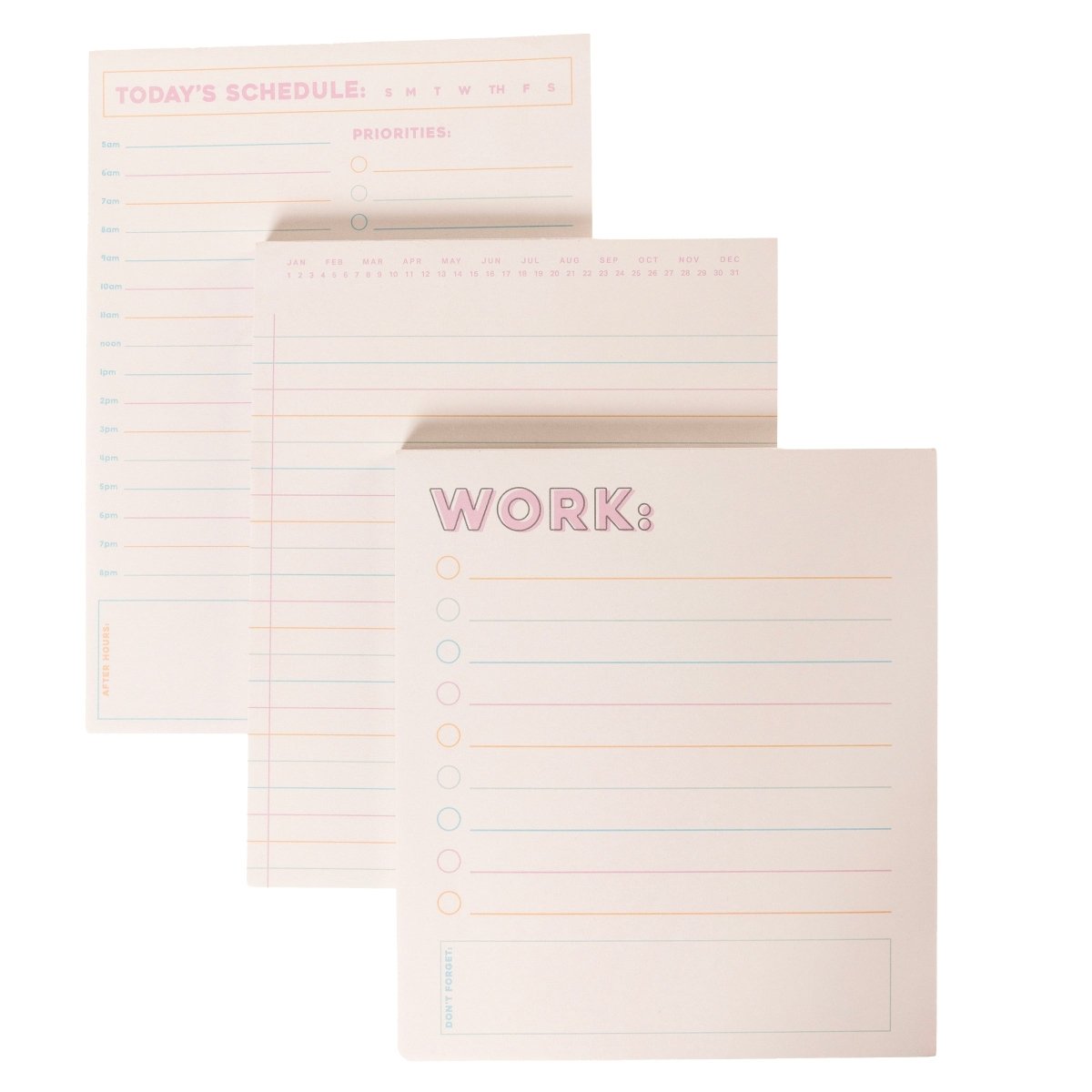 Colorful Cream Notepad Trio, Three notepads fanned together, a WORK: checklist pad in front of a lined pad with a month and date strip and a TODAY'S SCHEDULE pad, with pink headings and pink, orange and blue lines.
