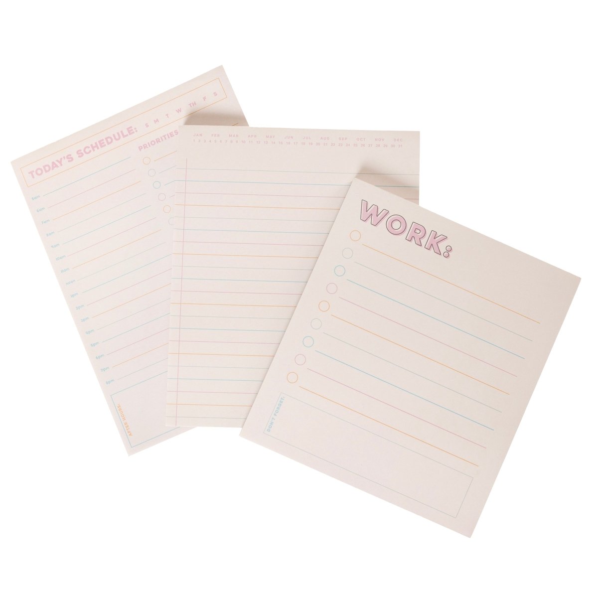 Colorful Cream Notepad Trio, Three notepads fanned together, a WORK: checklist pad in front of a lined pad with a month and date strip and a TODAY'S SCHEDULE pad, with pink headings and pink, orange and blue lines.