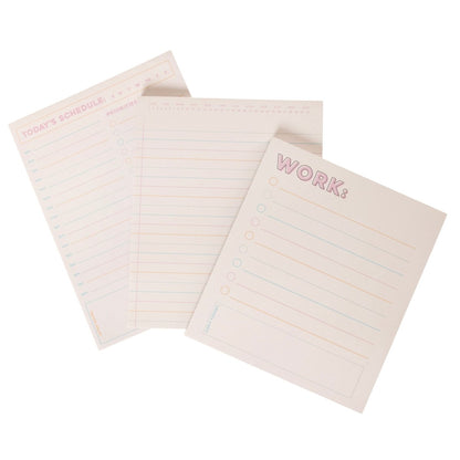 Colorful Cream Notepad Trio, Three notepads fanned together, a WORK: checklist pad in front of a lined pad with a month and date strip and a TODAY'S SCHEDULE pad, with pink headings and pink, orange and blue lines.