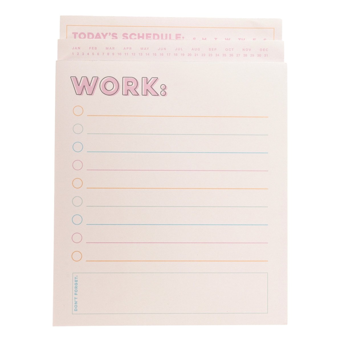 Colorful Cream Notepad Trio, Three notepads fanned together, a WORK: checklist pad in front of a lined pad with a month and date strip and a TODAY'S SCHEDULE pad, with pink headings and pink, orange and blue lines.