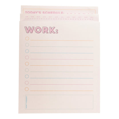 Colorful Cream Notepad Trio, Three notepads fanned together, a WORK: checklist pad in front of a lined pad with a month and date strip and a TODAY'S SCHEDULE pad, with pink headings and pink, orange and blue lines.