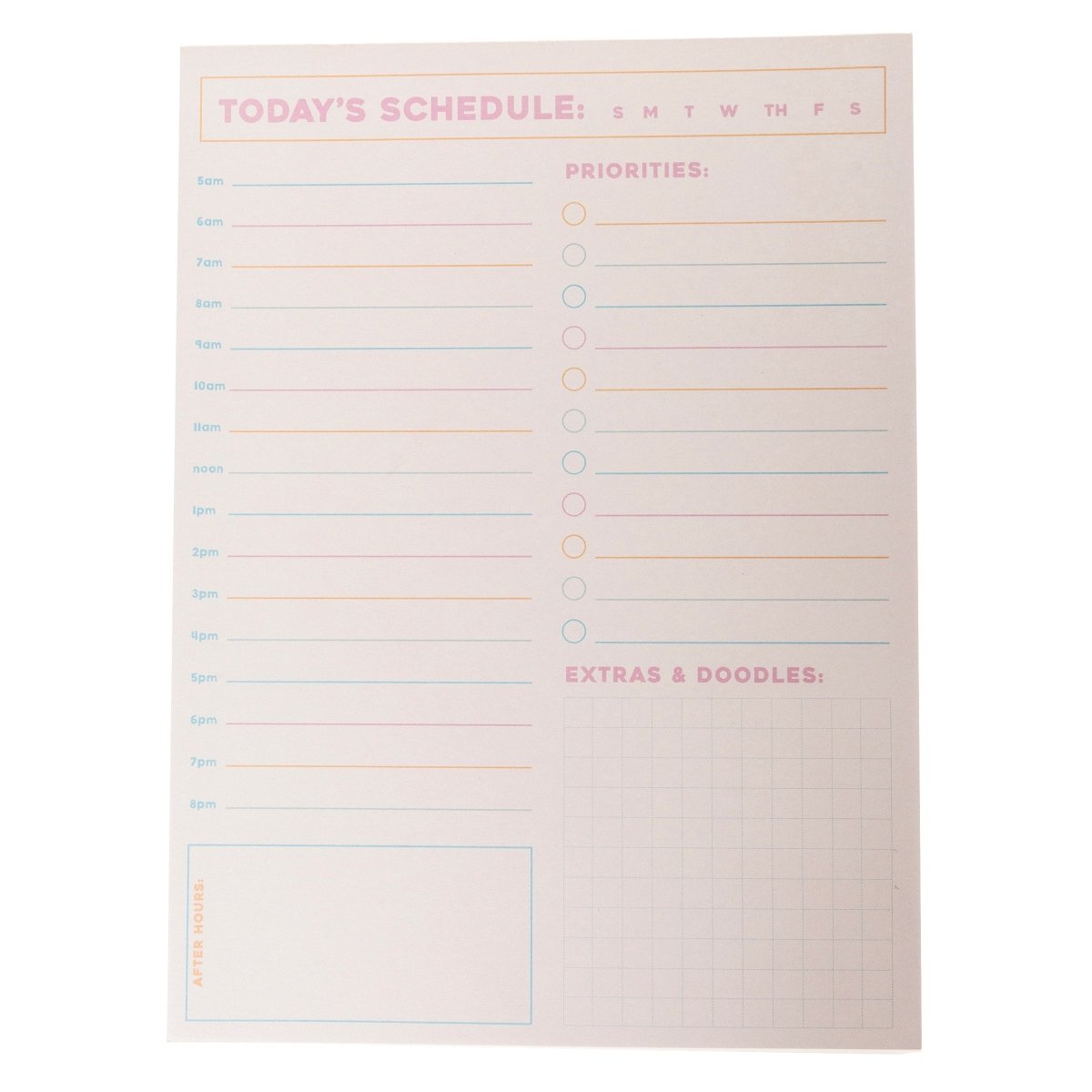 Colorful Cream Notepad Trio, Three notepads fanned together, a WORK: checklist pad in front of a lined pad with a month and date strip and a TODAY'S SCHEDULE pad, with pink headings and pink, orange and blue lines.