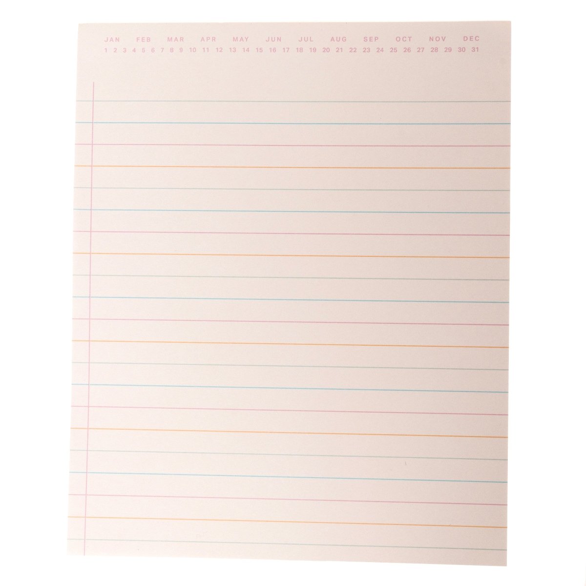 Colorful Cream Notepad Trio, Three notepads fanned together, a WORK: checklist pad in front of a lined pad with a month and date strip and a TODAY'S SCHEDULE pad, with pink headings and pink, orange and blue lines.