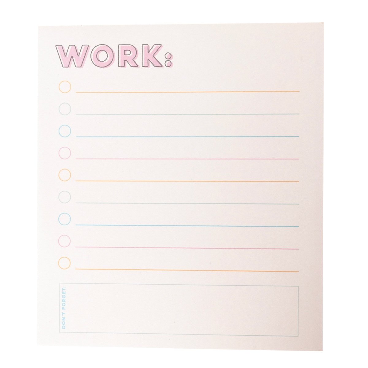 Colorful Cream Notepad Trio, Three notepads fanned together, a WORK: checklist pad in front of a lined pad with a month and date strip and a TODAY'S SCHEDULE pad, with pink headings and pink, orange and blue lines.