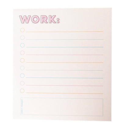 Colorful Cream Notepad Trio, Three notepads fanned together, a WORK: checklist pad in front of a lined pad with a month and date strip and a TODAY'S SCHEDULE pad, with pink headings and pink, orange and blue lines.