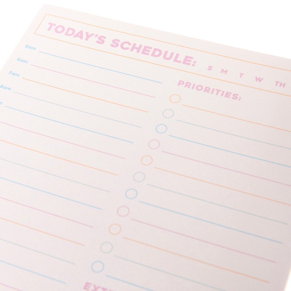 Colorful Cream Notepad Trio, Three notepads fanned together, a WORK: checklist pad in front of a lined pad with a month and date strip and a TODAY'S SCHEDULE pad, with pink headings and pink, orange and blue lines.