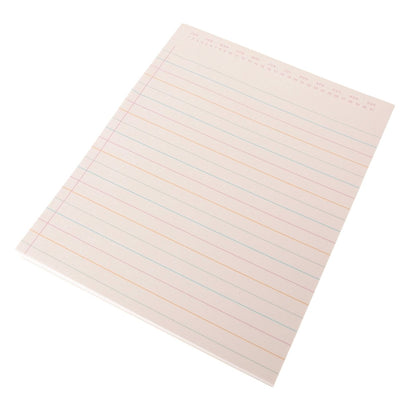 Colorful Cream Notepad Trio, Three notepads fanned together, a WORK: checklist pad in front of a lined pad with a month and date strip and a TODAY'S SCHEDULE pad, with pink headings and pink, orange and blue lines.