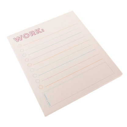 Colorful Cream Notepad Trio, Three notepads fanned together, a WORK: checklist pad in front of a lined pad with a month and date strip and a TODAY'S SCHEDULE pad, with pink headings and pink, orange and blue lines.