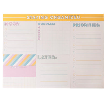 Colorful Cream Staying Organized Sticky Notes, A sticky note sheet under a yellow STAYING ORGANIZED header with NOW, NOTES & DOODLES, PRIORITIES and LATER pads beside striped, pink DON'T FORGET and grid pads.