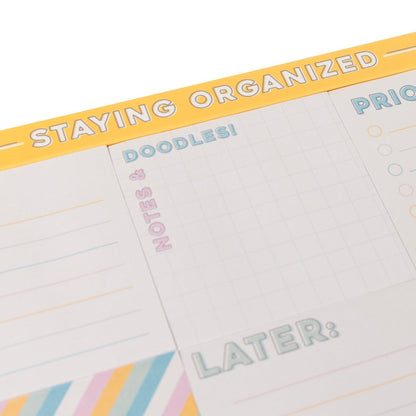 Colorful Cream Staying Organized Sticky Notes, A sticky note sheet under a yellow STAYING ORGANIZED header with NOW, NOTES & DOODLES, PRIORITIES and LATER pads beside striped, pink DON'T FORGET and grid pads.