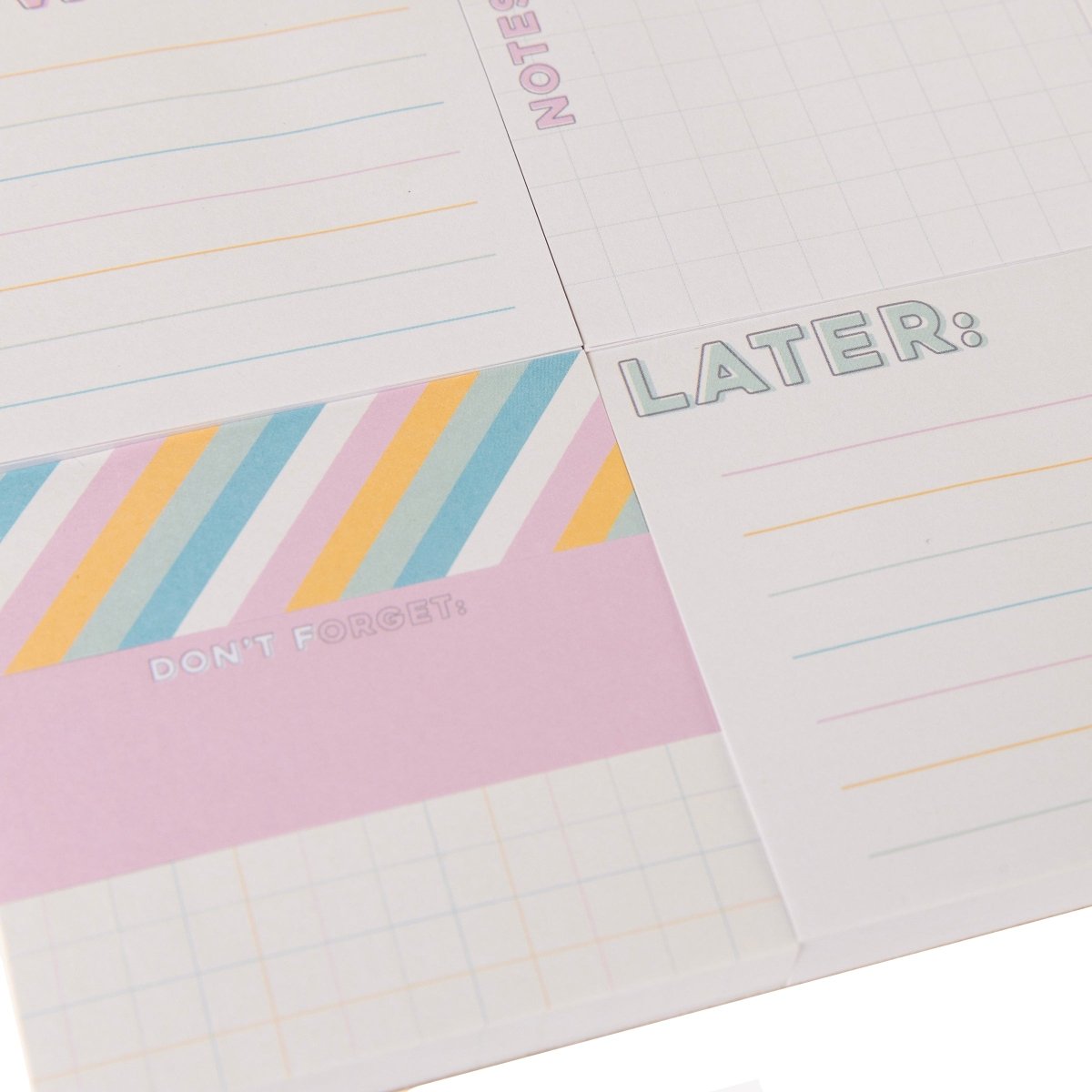 Colorful Cream Staying Organized Sticky Notes, A sticky note sheet under a yellow STAYING ORGANIZED header with NOW, NOTES & DOODLES, PRIORITIES and LATER pads beside striped, pink DON'T FORGET and grid pads.