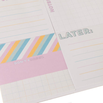 Colorful Cream Staying Organized Sticky Notes, A sticky note sheet under a yellow STAYING ORGANIZED header with NOW, NOTES & DOODLES, PRIORITIES and LATER pads beside striped, pink DON'T FORGET and grid pads.