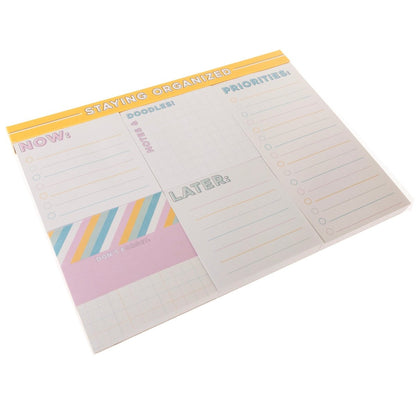Colorful Cream Staying Organized Sticky Notes, A sticky note sheet under a yellow STAYING ORGANIZED header with NOW, NOTES & DOODLES, PRIORITIES and LATER pads beside striped, pink DON'T FORGET and grid pads.