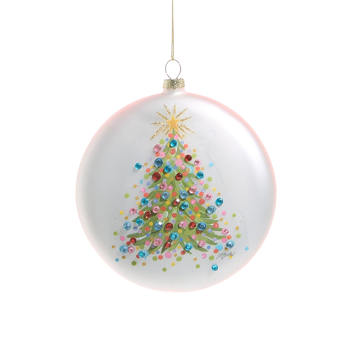 Confetti Tree Disc Ornament, A round glass disc ornament painted with a Christmas tree covered in colorful jeweled dots and a gold starburst topper.